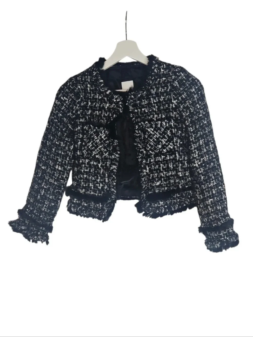 Brahmin Japanese Brand Black & White Tweed Fringe Cropped Jacket Women's Size XS